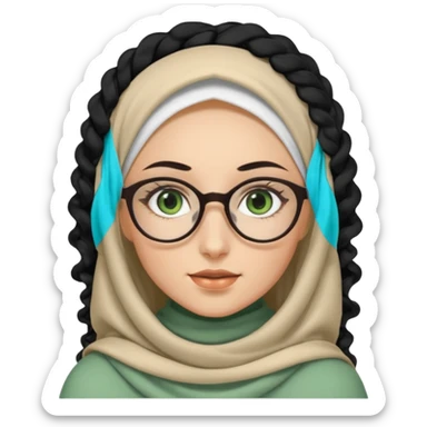 White hijabi girl with black eyes and black long hair white girl and black eyes wearing glasses and a white skin girl with curly honey hair and green eyes sticker
