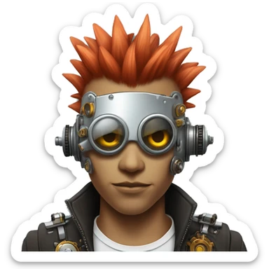 Light red Mohawk hair male cyborg head with white steampunk goggles and circuits sticker