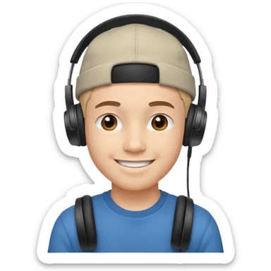 Only the head of a young guy smiling with headphones in his ears and a cap on his head turned back. sticker