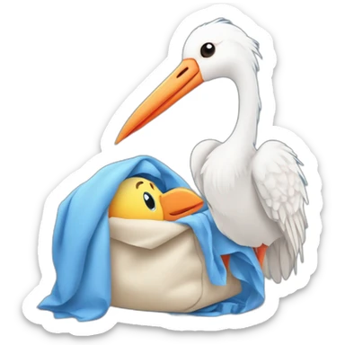 White stork carrying a blue bundle of cloth in its big beak that has a human person cute baby human inside and the human baby head is peeking from the fabric the strok is carrying in its beak sticker
