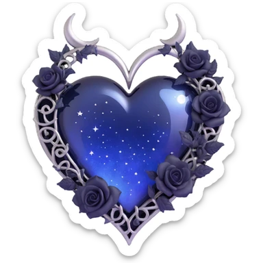 gothic heart made of midnight blue glass with a silver crescent moon, tiny black roses, shimmering stardust, misty night sky background sticker