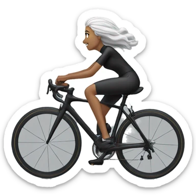 Roadcycling black bike, white cyclist wearing black clothes woman grey hair sticker