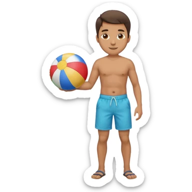 A man in Bermuda shorts as a full-body swimsuit and a beach ball sticker