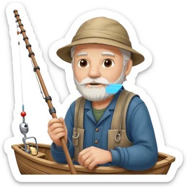 an old white haired, bearded man in fisherman attire, sat in a big boat on a calm sea, holding one fishing rod in one hand, with the end of the fishing line touching the water sticker