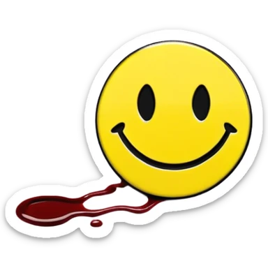 Yellow smiley face pin with a small blood splatter from Watchmen comic book sticker