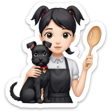 pale girl with long back hair wearing black long shirt wearing apron holding black floppy ear schnauzer sticker