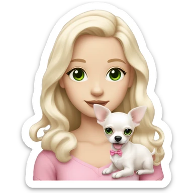 pale blond girl with wavy long platinum hair with green eyes holding a white chihuahua puppy that wearing a pink bow sticker