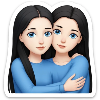 Lesbian couple with white skin. One with long straight black hair. One with long straight brown hair. Both with blue eyes. In a loving embrace sticker