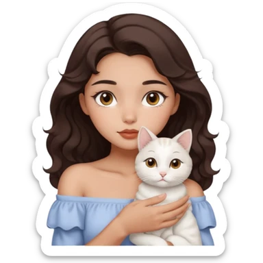 aesthetic girl, warm tan skin, dark brown doe eyes, soft arched brows, round face, off-shoulder 2b wavy hair, full lips, holding a white cat, gentle expression sticker