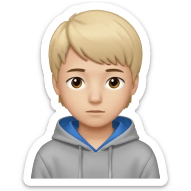 Teen boy with blue eyes mixed with a little Brown eyes and a Grey hoodie who stands up with blond short hair and short bangs sticker