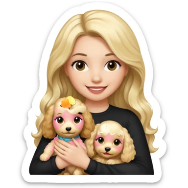 Make a girl with long black silky hair and makeup on be holding a blonde cocapoo sticker