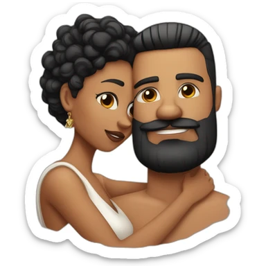 White latino man with shaved black hair and skin fade haircut , detailed moustache and beard, cuddling his black woman Wife  with super straight black hair and big earrings sticker