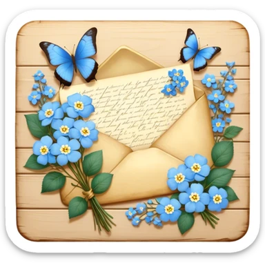 An intimate vignette of a golden wax-sealed letter placed on a vintage wooden desk, with a pair of blue butterflies hovering around a bouquet of soft ivory roses and baby blue forget-me-nots. sticker
