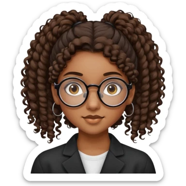 chica morena de ojos claros con gafas negras exagonales redondeadas. y pelo rizado castaño con todo el pelo recogido en una coleta .. Con todo el pelo recogido un clen look solamente una coleta tiene 16 años. hazlo como la segunda imagen pero sin el moño sticker