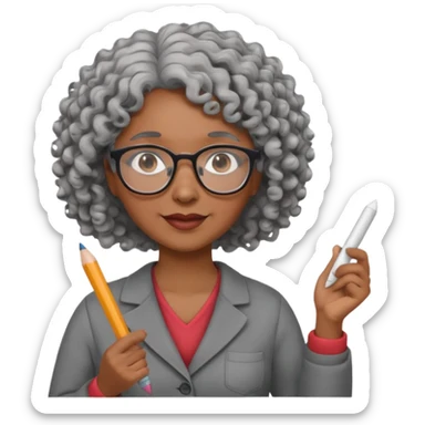 woman teacher, brown skin, curly hair, old, wearing glasses, hold chalk on hand sticker