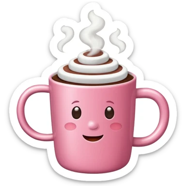A pink coffee cup with hot chocolate and marshmallows with steam coming out sticker
