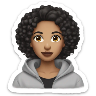 mixed girl with black curly hair (length is chest area) and wears makeup including concealer,mascara,blush, and dark brown eyes and has lips with brown lip liner combo and wearing a Nike hoodie black  sticker