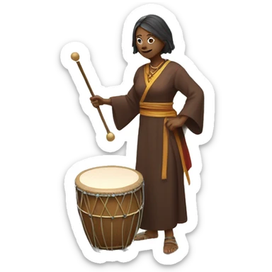 Woman in long robed drumming a hand drum with a beater sticker