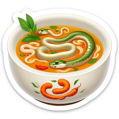 Cantonese snake soup in special double-walled bowl, simplified emoji style with bold outlines and bright colors, cartoon style exotic delicacy with herb decorations sticker