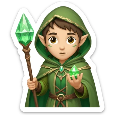 {
      "type": "human",
      "look": "forest elf mage, green cloak, wooden staff, glowing crystal tip",
      "description": "a forest elf mage in green cloak holding a wooden staff with a glowing crystal tip"
    } sticker