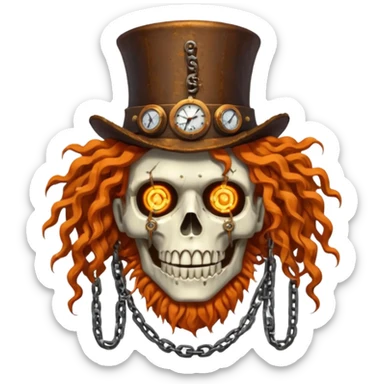 steam punk Megadeth - corpse made of rusty metal with chains on its teeth, huge curly orange hair sticker