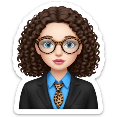 A girl with white pale skin, blue eyes, full lips, brunette long curly hair. She has a leopard print round-ish shaped glasses. She is wearing a all black suit with light pink blouse inside the suit. She is making a self care face mask  sticker