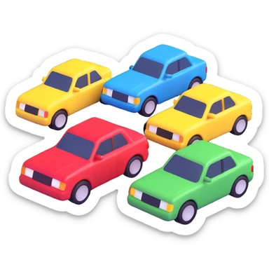 Make the four cars each a different color: red, blue, yellow, and green. Keep the 3D emoji style, detailed and stylized. Only four cars, no background. sticker