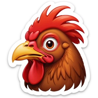 Cinematic Comical Brown Rooster Portrait Emoji, Head tilted dramatically with an exaggeratedly amused expression, featuring a striking, glossy brown plumage with a bold red comb, wide, expressive warm eyes filled with playful disbelief, Simplified yet hilariously expressive features, highly detailed, glowing with a slightly sassy glow, high shine, dramatic yet playful, stylized with an air of cheeky mischief, bright and endearing, soft glowing outline, capturing the essence of a spirited and over-the-top rooster, so meme-worthy it feels like it could crow its way into internet fame instantly! sticker