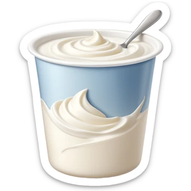 cup of Greek yogurt, open with smooth creamy white surface, soft swirls and gentle peaks, dense rich texture, plain unbranded curved white container, no spoon or fruit, soft lighting, subtle shadows, emoji scale sticker