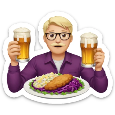 Man with wire framed glasses german eating schnitzel, red cabbage, sauerkraut, potato salad, and beer. Man is blonde and no mustache sticker