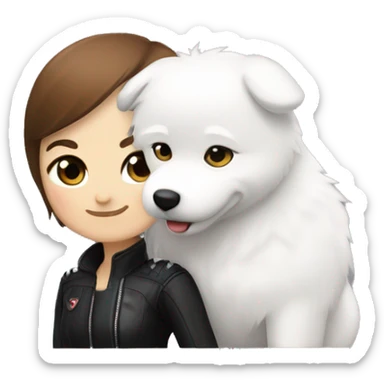 Girl biker white skin and brown short hair with a agv black helmet hugging a white Samoyed sticker