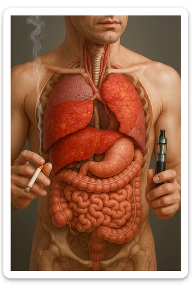 FANNE 10 CON LO STESSO IDENTICO STILE DEL CORPO UMANO CHE HO ALLEGATO , MA USANDO QUESTO COMANDO: A MEDICAL ILLUSTRATION OF A REALISTIC human body WITH INFLAMMED LIVER AND INTESTINE IN EVIDENCE, HOLDS A LIGHTED NORMAL CIGARETTE IN HIS RIGHT HAND, AN ELECTRONIC CIGARETTE IN HIS LEFT HAND IPERREALISTICA  4K sticker