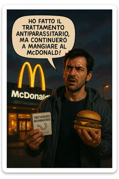 A realistic, cinematic illustration of a man in his early 30s with a confused yet stubborn expression, standing outside a McDonald's at dusk, holding a small box labeled 'Trattamento Antiparassitario' in one hand while holding a large McDonald's burger in the other. He is mid-sentence, saying 'Ho fatto il trattamento antiparassitario, ma continuerò a mangiare al McDonald!' in an expressive speech bubble. The man wears casual streetwear, and behind him, the McDonald's golden arches glow under a neon-lit sky. The mood is ironic and educational, highlighting the contradiction of doing parasite cleanses while continuing unhealthy fast-food habits. The style is realistic with slight illustrative clarity, emphasizing the message humorously while maintaining a serious undertone about lifestyle choices and health in italiano sticker