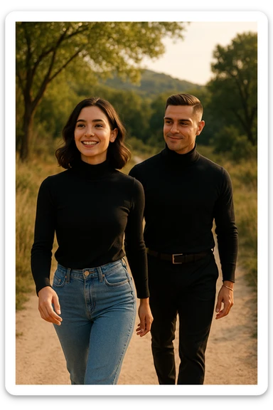 a man and a woman walk together along a winding path in a natural landscape. In one version, the woman leads confidently while the man follows a few steps behind, looking at lei con ammirazione. In un’altra versione, i ruoli sono invertiti, con l’uomo che guida e la donna che lo segue sorridendo. La scena trasmette l’idea che entrambi possano guidare o seguire, a seconda del momento. sticker