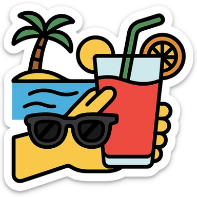 a hand with sunglasses holding a glass of fruit juice, beach background icon sticker