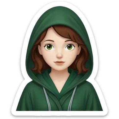 A white woman with dark auburn hair robed and hooded like she's a Traitor in the tv show The Traitors. her hair is slightly curly and the robe is a dark green sticker
