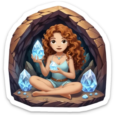 full body woman long curly brown hair brown eyes white skin tattoos sitting inside crystal cave opening, touching glowing quartz sticker