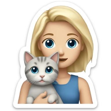 Short Blonde hair with blue eyes girl holding a gray cat  sticker