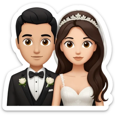 bride with long brown hair and groom with buzzed black hair sticker