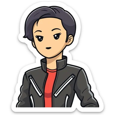 female character with oval-shaped flat-top head wearing a tight-fitting elbow-length black leather jacket sticker