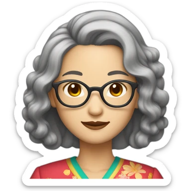 Chinese lady with like Lai gray hair wavy hair to the shoulder length where Chinese dress colourful dress wear glasses sticker