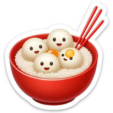 Sweet glutinous rice balls in syrup bowl with sesame, simplified emoji style with bold outlines and bright colors, cartoon style Tangyuan dessert snack sticker
