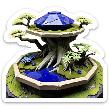  Alien saucer-castle jungle winding trail mountainside getaway haunted nighttime hobbit landscape antique mudman very old broken cracked intricate Stone Age lapis-crusted irregular dodecagon-shaped shallow dark moss rough bark violet flowered maple bonsai Saikei coffee table-sized diorama sticker