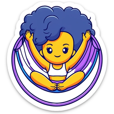 cartoon emoji of a bold girl with big hair, strong outline, expressive face, vibrant accents, subtle Leo accent, glamorous look, hint of yoga hammock, cosmic motifs, cheeky and confident sticker