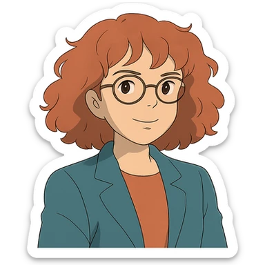 red-haired woman with curly hair, glasses, confident expression in ghibli style sticker