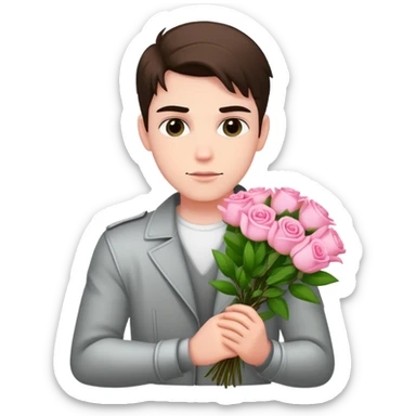 A cool bad boy with fair skin holding a bouquet of pink jasmine roses sticker