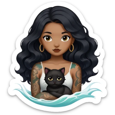 a Chinese girl with long black  Big Wave hair and tattoos and a black round faced cat sticker