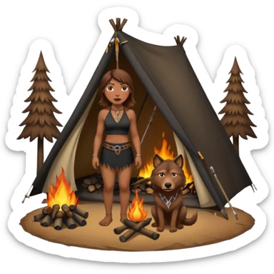 a NEANDERTHAL WOMAN WITH BROWN HAIR STANDING BY A FIRE AND TENT WITH BLACK WOLF HALTER TOP sticker