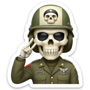 A bold emoji-style bodyless white skull wearing a realistic modern army helmet, making a shushing gesture (index finger bone held up to mouth area). Clean vector style,modern emoji aesthetic.The helmet has detailed realistic texture. sticker