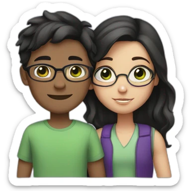 boy and girl hugging each other. the boy is white with green eyes, has black wavy hair and wearing glasses. the girl has brown eyes, and medium-short straight hair dyed in purple, no glasses. sticker